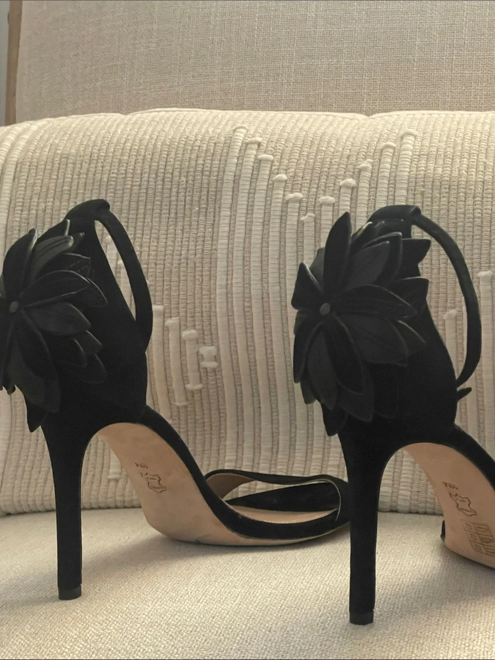 Tory Burch Suede Ankle-Strap Stiletto Heels with Floral Heel Accent